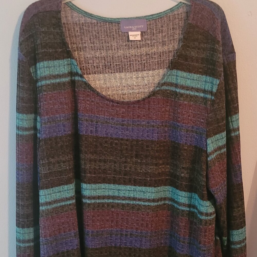 Laura Scott Knit Top Long Sleeves Blue Teal Purple Poly Rayon Spandex Womens 2X